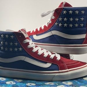 Vans Sneakers - Red, White and Blue Hi Top With White Metal Stars